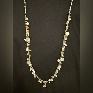 Delicate Long Station Necklace Silver Chain Mother of Pearl Moonstone Gems